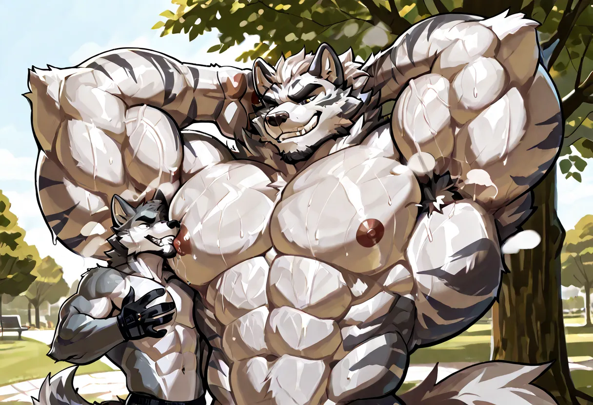 masterpiece, best quality, newest, absurdres, highres, highly detailed, cinematic, duo, male/male, male, furry, anthro, WhiteTiger, bara, big body, big muscles, old, mature, daddy, hefty, beard, white fur, fluffy fur, grin face, smirk, look dominant,nake, ...