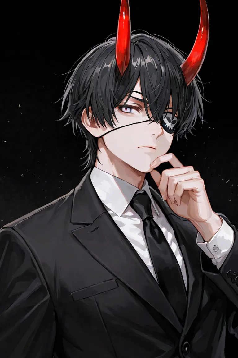 A  old fair skin boy with black hair and red horns and black skull white eyepatch wearing a black suit in a black background