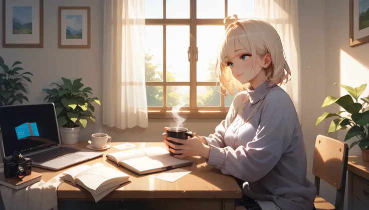 "A beautiful face and nice body, a woman sitting at a wooden desk, focused on her laptop." She is wearing a comfortable sweater, with a cup of coffee and a notebook beside her. Sunlight streams through a nearby window, casting a warm and productive atmosph...