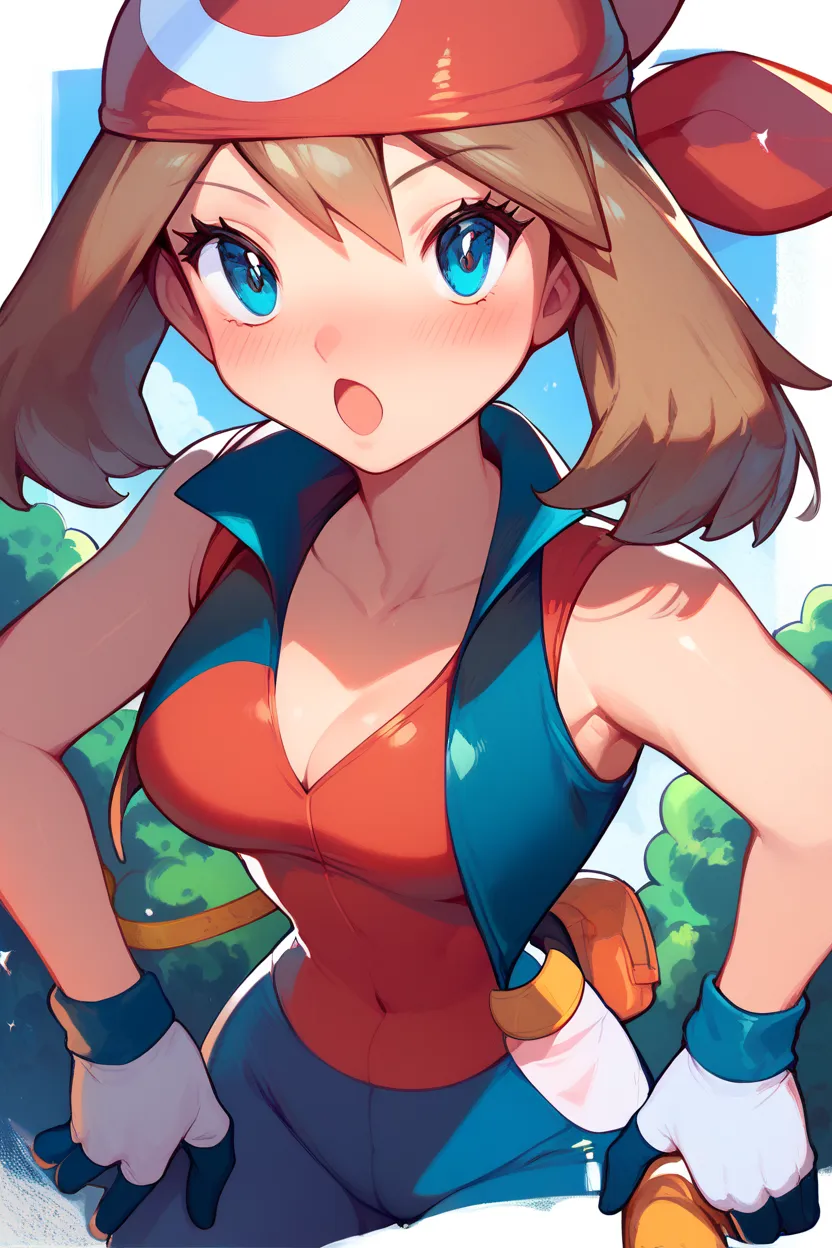 score_9, score_8_up, score_8, medium breasts, (curvy), cute, eyelashes,       zzMay, breasts, looking at viewer, blush, open mouth, bangs, blue bandana , blue vest , bandeau , blue pants , blue gloves ,, bush, official style, red bandana,  embedding:zPDXL,