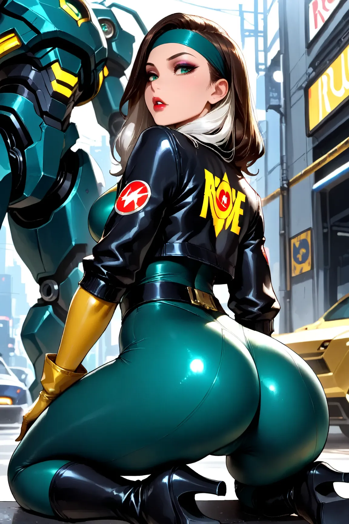 ((masterpiece,best quality, detailed)), 1girl, ass, bodysuit, breasts, white_hair, rogue_(x_men), green_bodysuit, boots, gloves, yellow_gloves, multicolored_hair, jacket, headband, long_hair, belt, robot, looking_at_viewer, high_heels, two-tone_hair, skin_...