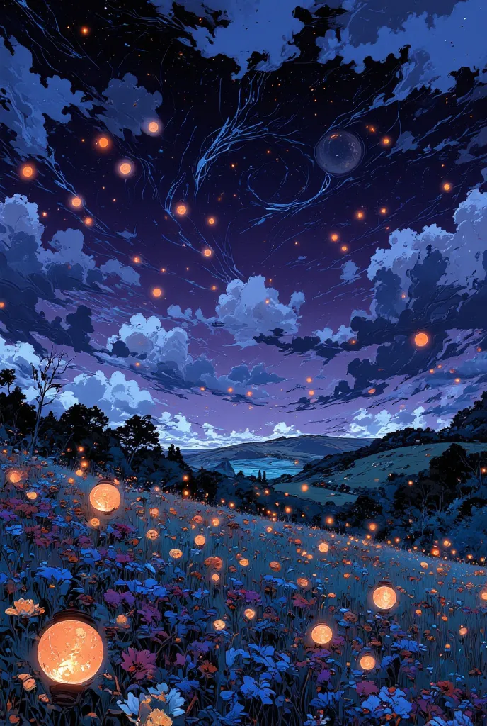 A vast meadow under an endless twilight sky, where glowing flowers bloom in shades of deep blue, silver, and magenta. The grass is soft and iridescent, shifting colors as the wind moves. Floating lanterns drift through the air, casting a warm, golden glow ...