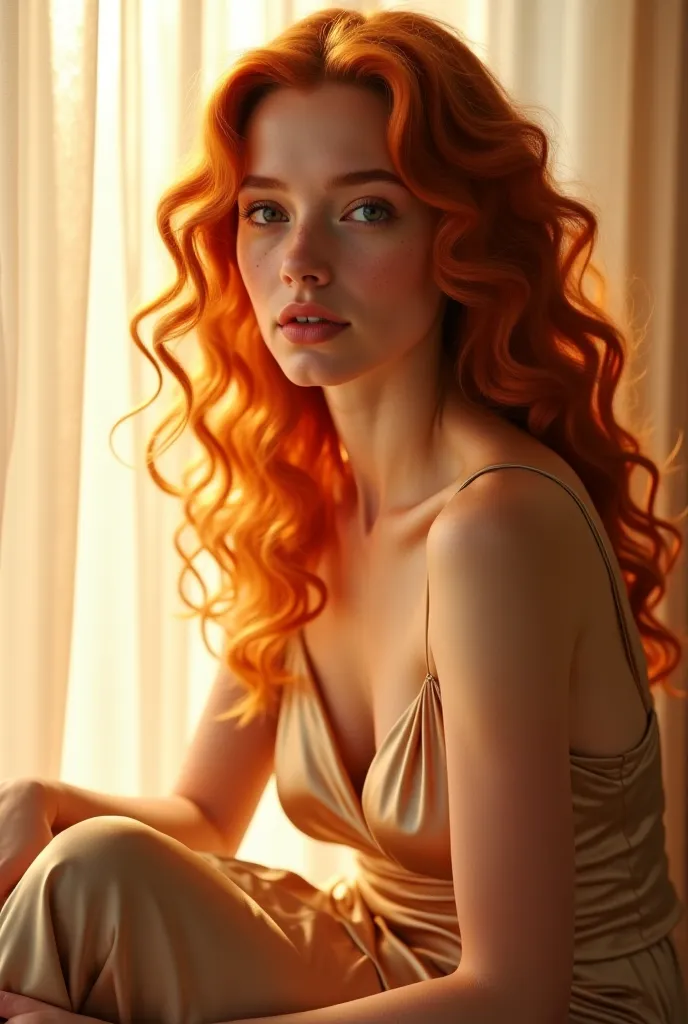 
"A stunning young woman with voluminous, curly red hair sits gracefully near a sunlit window. Her hair cascades down in soft waves, glowing with warm golden highlights from the sunlight. She has a delicate, freckled complexion, large expressive eyes, and ...