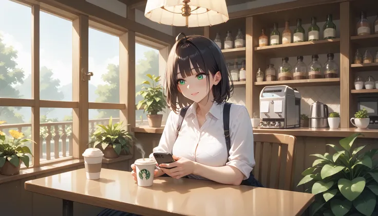 "Modern yet rustic cafe with green plants cascading from shelves and large glass windows letting in golden sunlight. A woman sits near the center table, scrolling on her phone with a coffee cup in hand. The cafe counter displays a gleaming espresso machine...