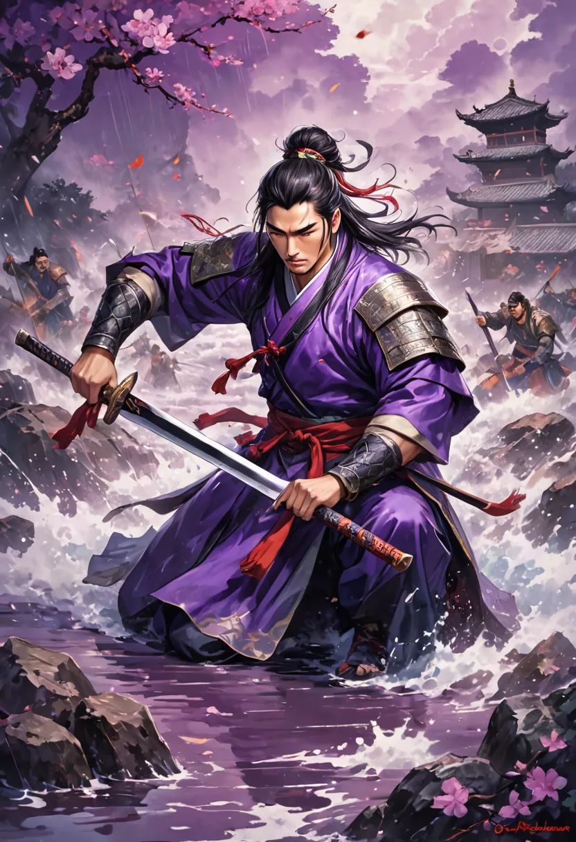 Ancient Chinese of the Three Kingdoms, male, Vu Forbidden, wield a big knife, kneeling , Defeat you in battle  ,in the flood.. purple dominant