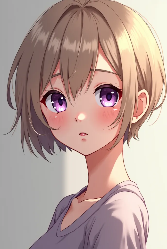 anime,  Woman, adult,  stylized short hair , beige hair, purple eyes, Fair skin, full lips 