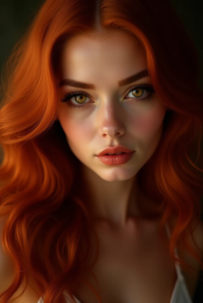 long wavy red hair that falls in vibrant cascades over her shoulders, reflecting shades of copper and gold under the light.  Her eyes are large , round and deeply expressive,  of an intense amber tone , almost hypnotizing, always shining with cunning and e...