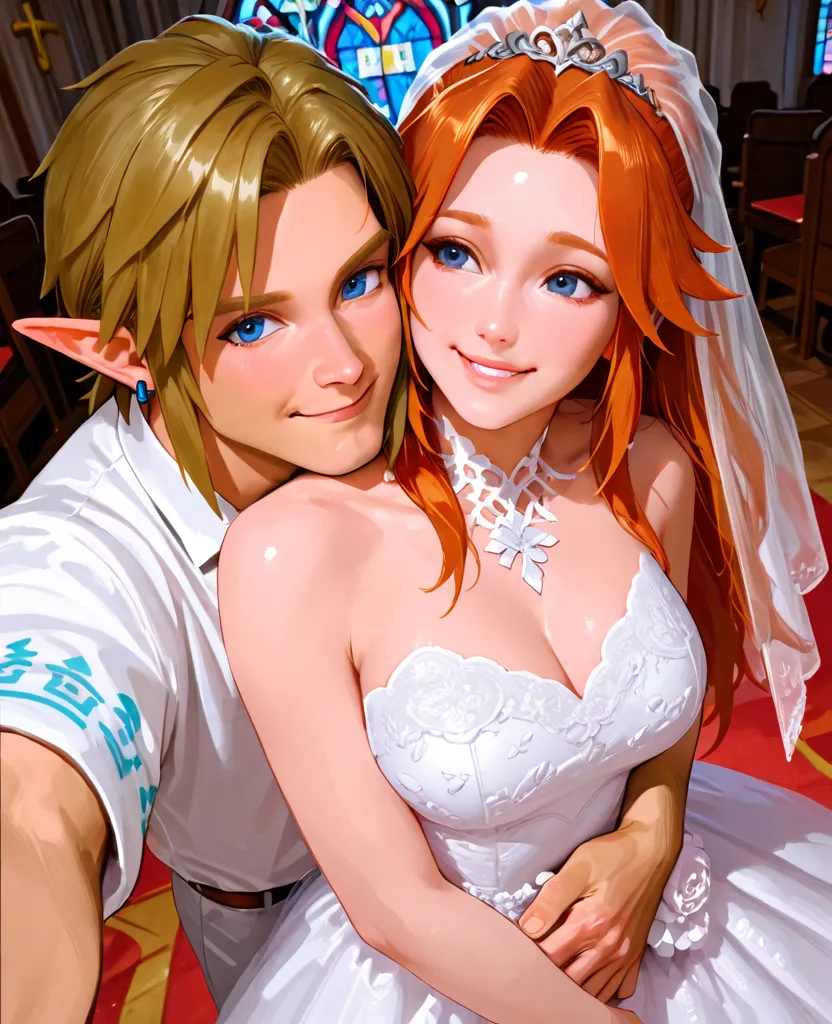 Link and Adult Malon in a church at night , wedding dress, Link to Selfie from above. Link embraces her from behind,  are 2 characters, man and woman. hug between 2, smile. Realistic style 