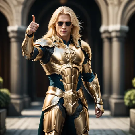 extremely handsome blond man, amazing quality, masterpiece, best quality, hyper detailed, ultra detailed, UHD, perfect anatomy, model, stylish pose, wearing fantastic armor, gold armor, full-body armor, shades, blond hair, hand up, extremely detailed, Nord...