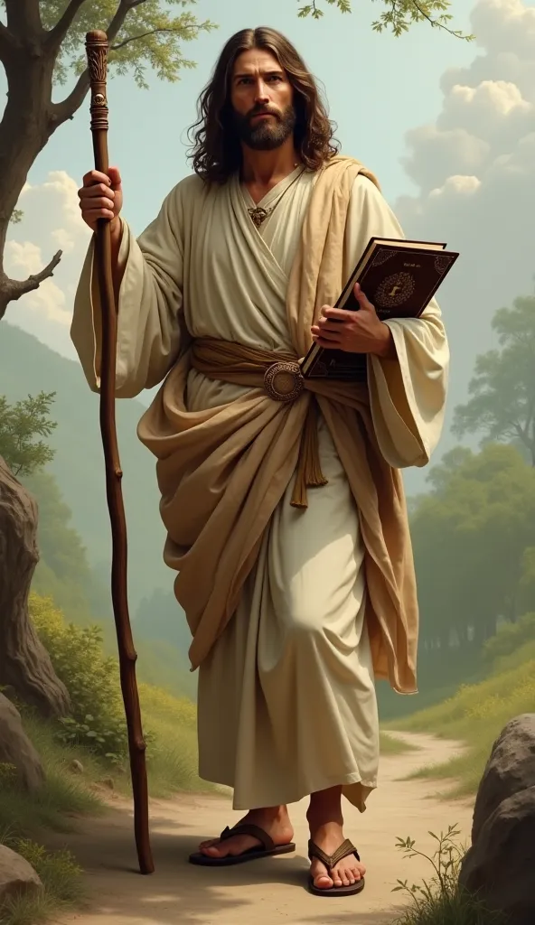 Give me a picture of Jesus holding a stick and a bible