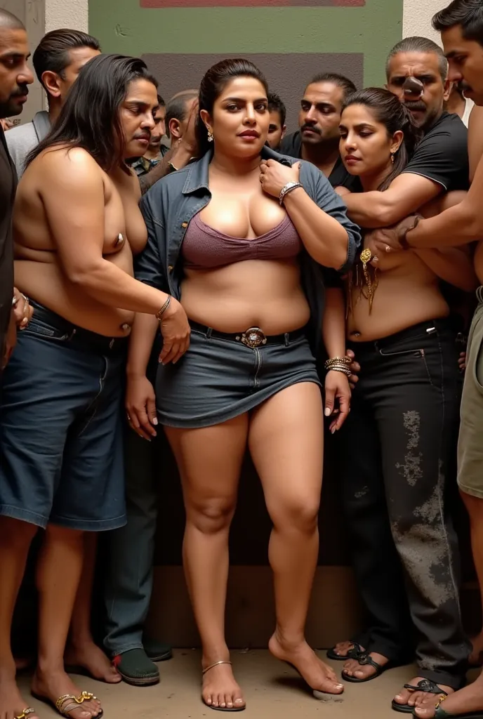 Indian actress naughty Vidya Balan.  thick figured, slightly Bulky body. Wearing flimsy micro skirt and 𝐟𝐫𝐨𝐧𝐭 𝐨𝐩𝐞𝐧 shirt. Surrounded by old beggars who are pulling her skirt and shirt revealing her massive thighs and thick legs and big breast and huge oil ...