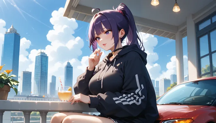 "A girl with a nice body and nice breasts sits elegantly on a high-rise balcony café with a breathtaking view of the city skyline. Her purple hair is styled into a sleek high ponytail, and she wears a designer cropped hoodie and form-fitting joggers. The c...