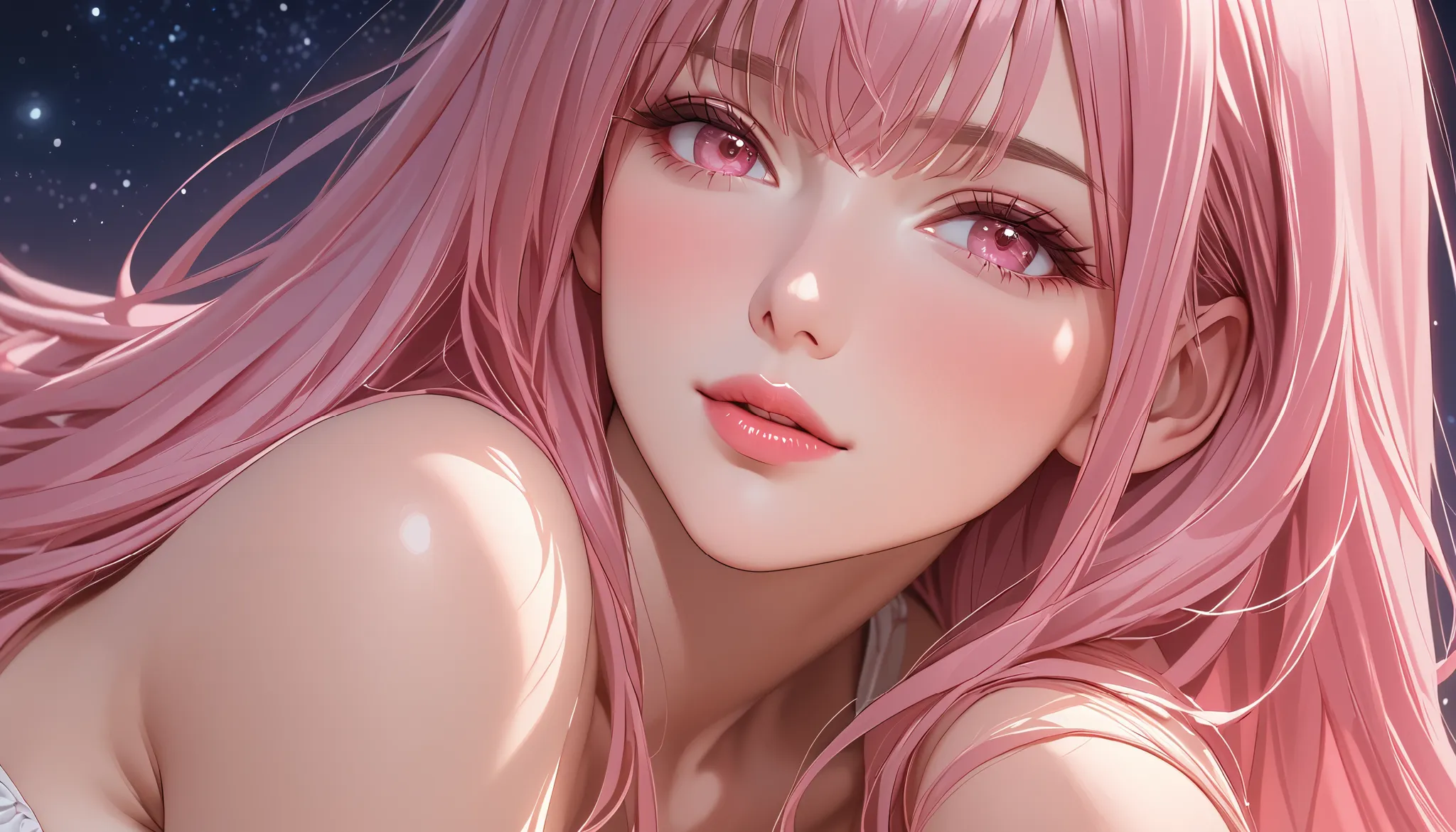 1 woman, semi realistic, Masterpiece, Master work, perfect, mature body, big size breast, straight half body long hair, soft pink colored hair with bangs, pink eyes, trying to kiss you, wink, wearing clothes, in the night, parted lips, high res, ultrasharp...