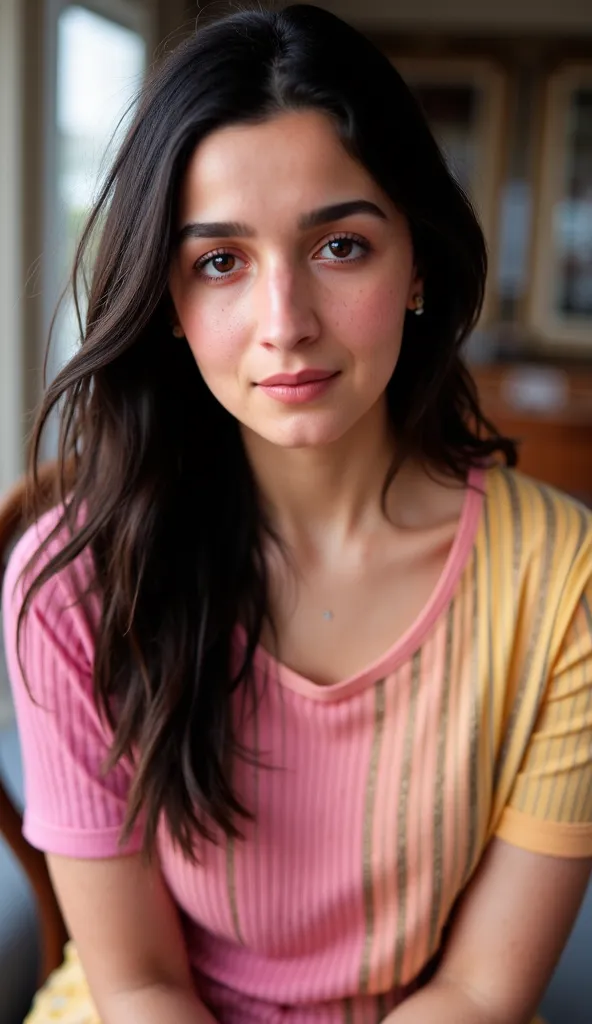 Generate a photorealistic image of a woman in a coloured t-shirt with pink, yellow, black thin stripes. Sitting on a chair. Close up picture. She is looking at the camera. Face focussed. Black hair. Background blurred. 