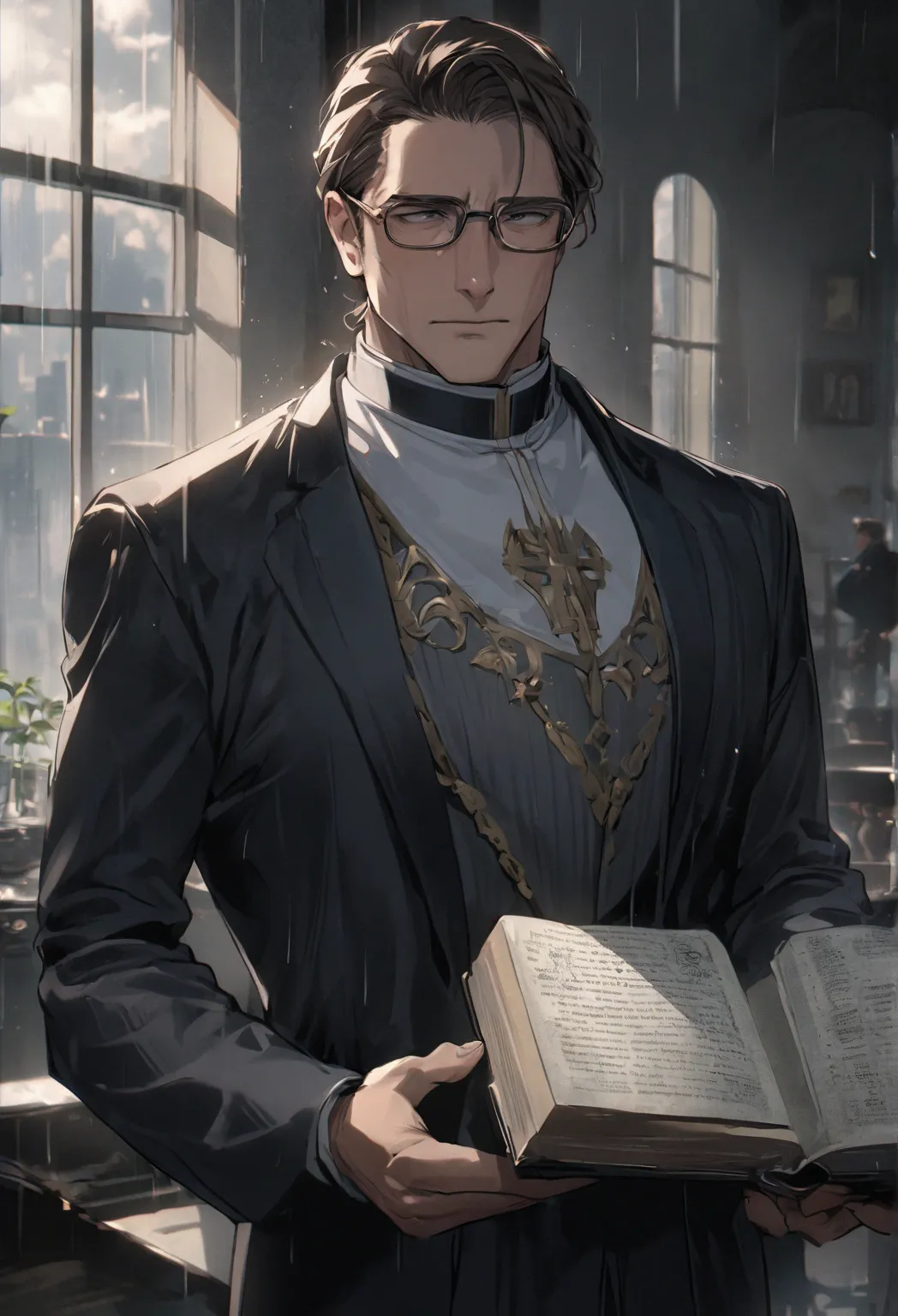 one mature male priest in his appartment in New York , golding a bible,  dark suit , priest collar, glasses, dark blond hair. bright daylight grey sky, rainy aesthetic. the man must be handsome and elegant. The image must be in 8k
