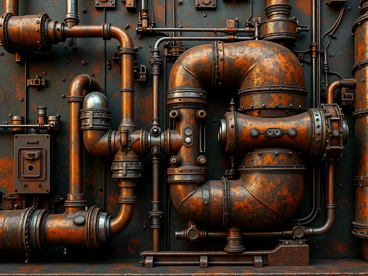 (((A hydraulic system))) , (((complex machinery))) made with forged steel, Rusty, with pipes, hoses without metal parts. Dark and warm tones, metals. Futuristic high-tech environment, silicon,  technology , strength, can. ((Wide angle shot 15mm)) (((shot f...