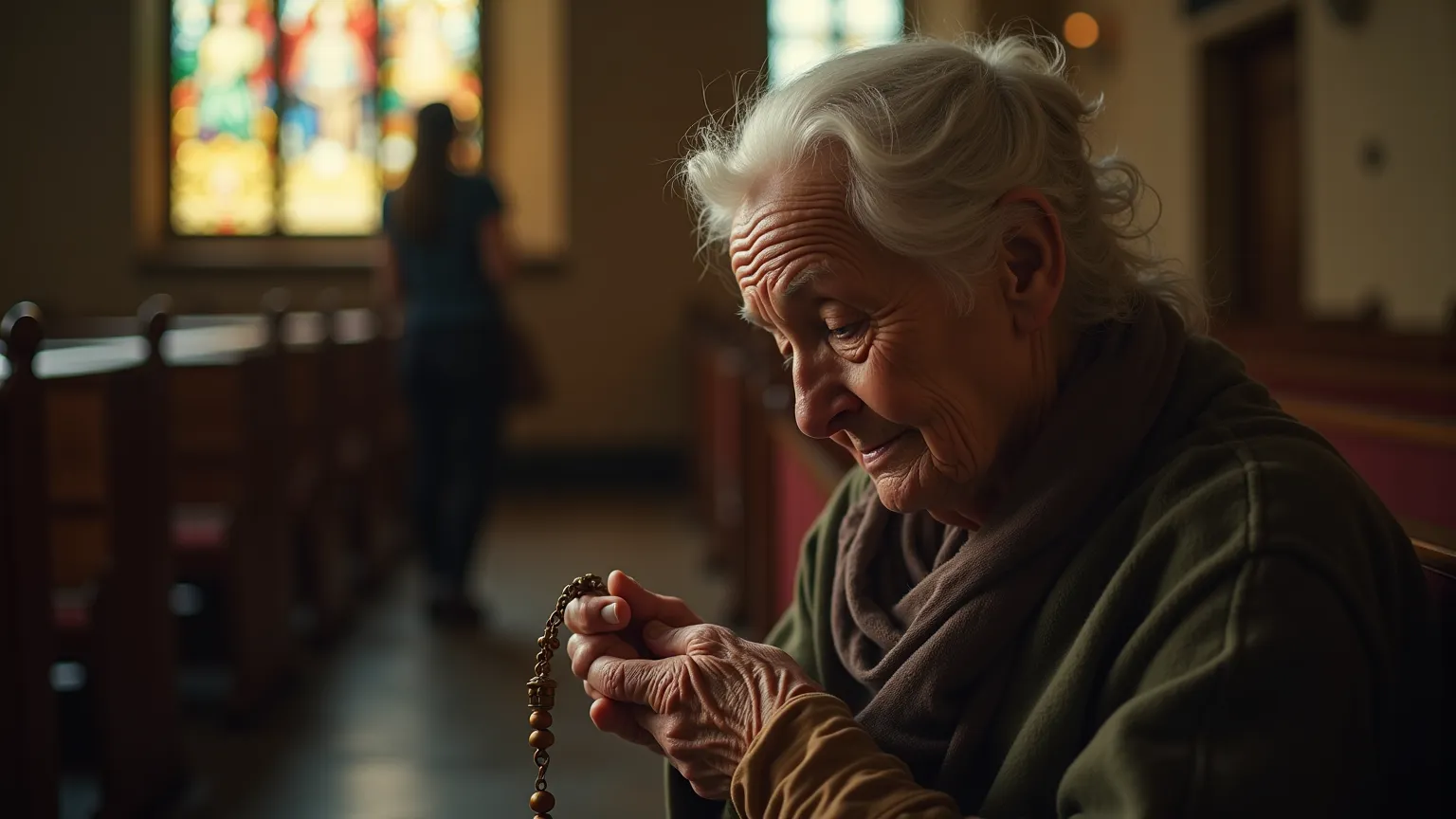 *"An elderly 58-year-old woman, with an expression of deep sadness and regret, sitting on a bench inside a church. Her tired and moist eyes look down, holding a rosary with fingers fragile and wrinkled. The soft, golden light of the church's stained glass ...