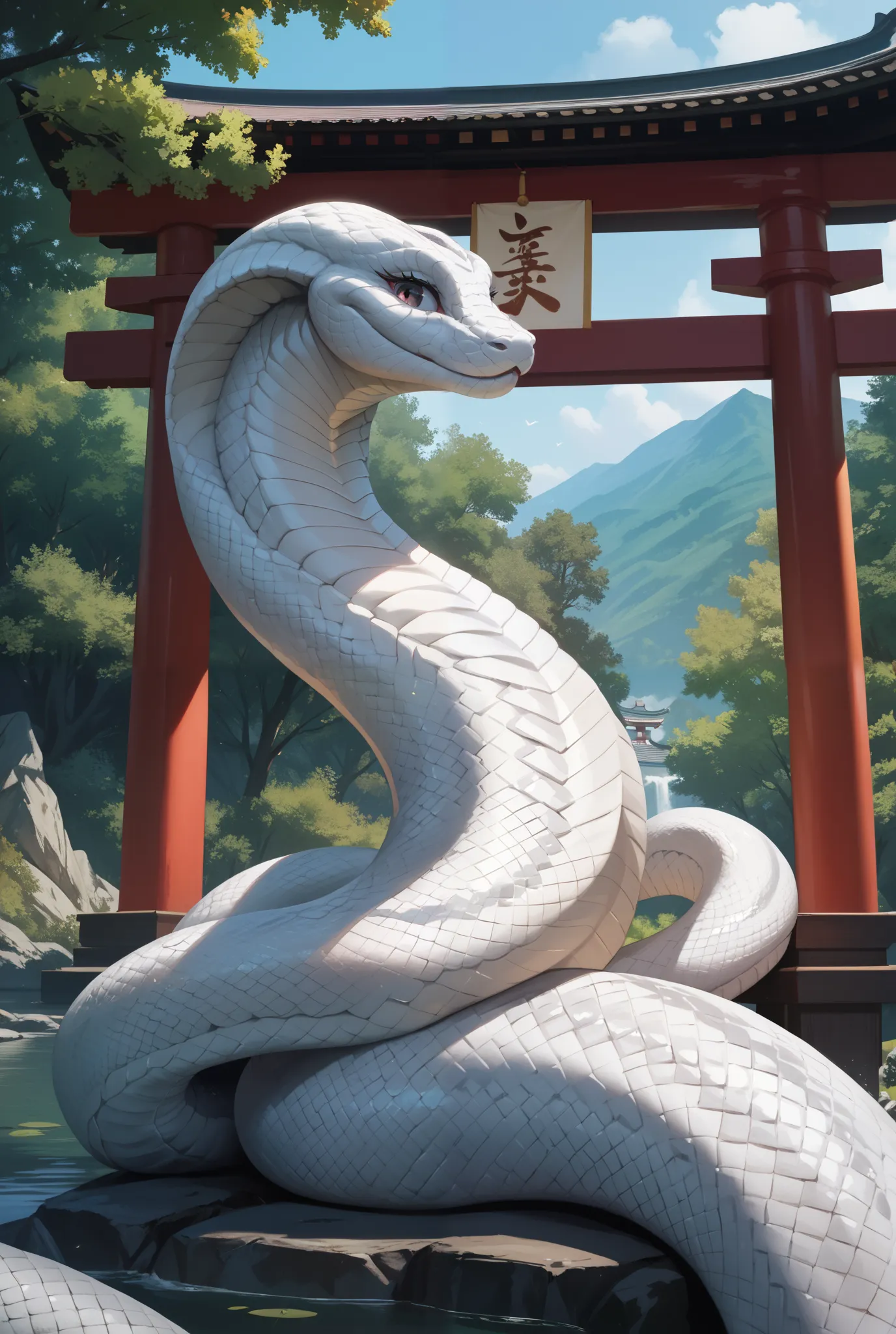 Realistic leucistic Aodaisho, Anime art 4k, Anime Art 8K , giant white snake, well-groomed face, dark eyes, Silver scales ,  Long body, realistic,;Mossy Shrine 