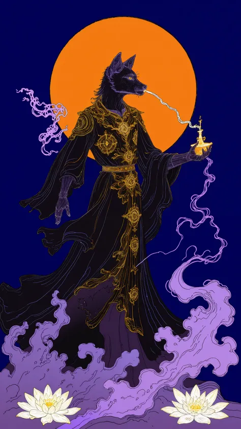 Stylized mystical illustration of fox deity made of luminous smoke and ethereal energy. Black ceremonial robe with intricate golden sun medallions and spiral patterns creating ornate contrast against the dark fabric. Spectral fox emanates purple mist, smok...