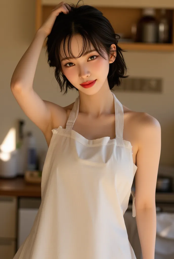 a woman, In the kitchen ,  front facing, white apron without underwear, Big Boobs,  red lips,  short hair black