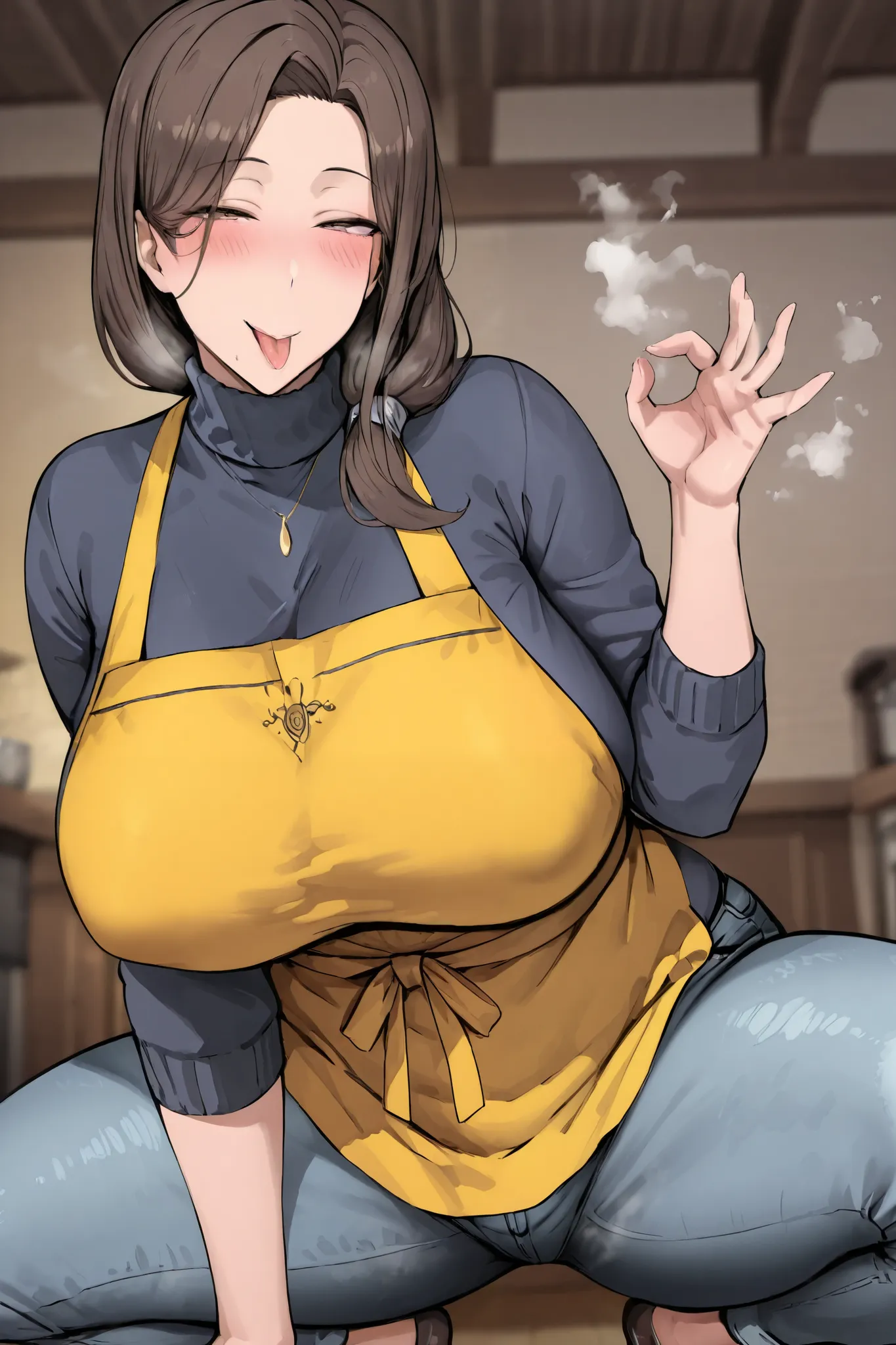 milf,house wife,yellow apron,dark blue sweater,dark brown hair,handjob gesture,Masterpiece,blush,steam,squatting, spread legs,seductive smile,stick out tongue,denim pants