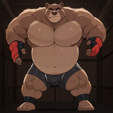 Solo, 1boy, Muscular Old, grunting, frustration glare, focus, look at viewer, wide shoulder, pectoral, thick arms, huge pectoral, wide pectoral, brown nose, height: 220cm, weight: 440lbs, a Kodiak brown bear in a black MMA shorts with red slits, wearing an...
