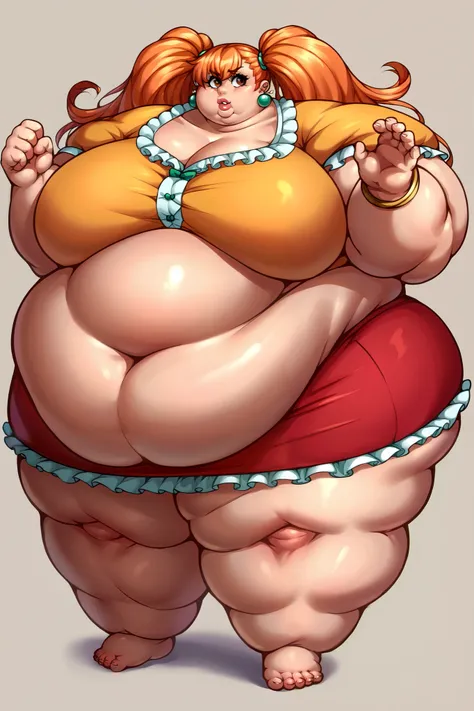 namidef, brown eyes, orange hair, long hair, twintails, jewelry, earrings, short dress, puffy short sleeves, frills, red skirt, bracelet, collarbone, standing, giant hands, giant feet, fat, chubby, obese, gigantic arms and legs, gigantic breasts, sagging b...