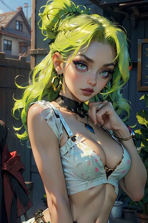 Goddess ((goddess-like woman)), slim, elegant silhouette, masterpiece, (close angle), best quality, pale skin, fair skin, sweet face, (masterpiece: 1.2, best quality), (real picture, intricate details), (1 lady, solo, medium, slim waist), neon green hair, ...