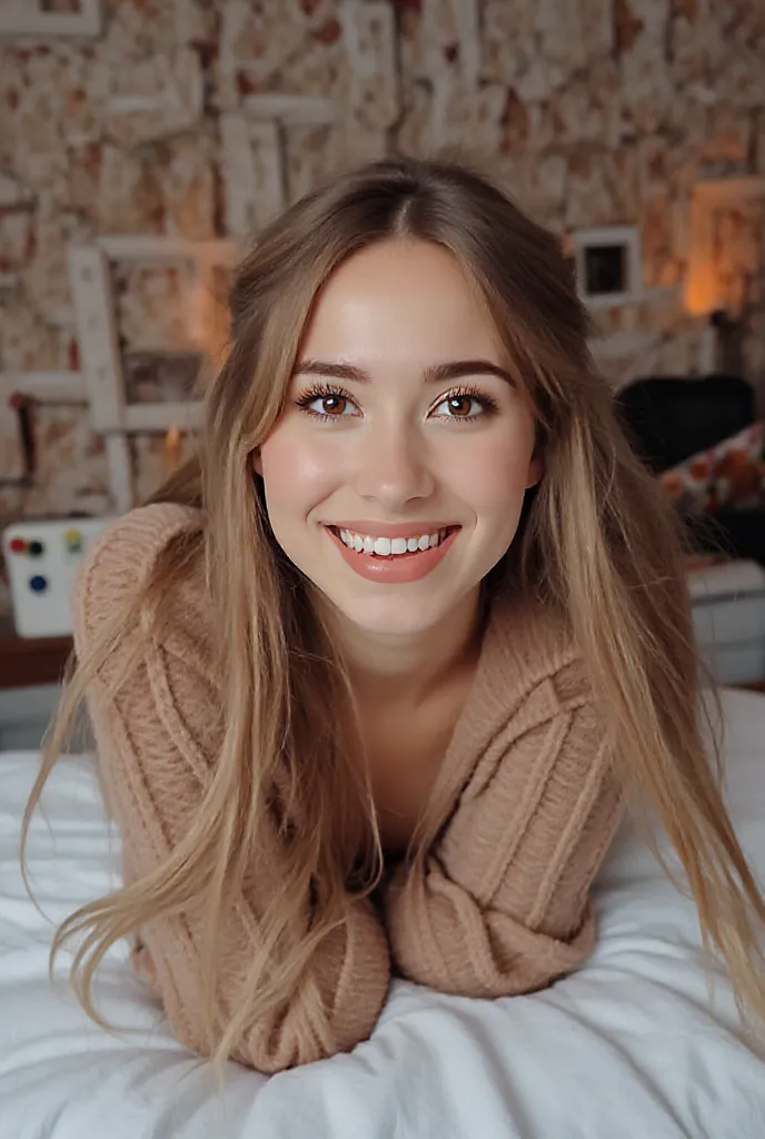 20-year-old woman lying on a bed wearing a brunette sweater, brown eyes, landscape format