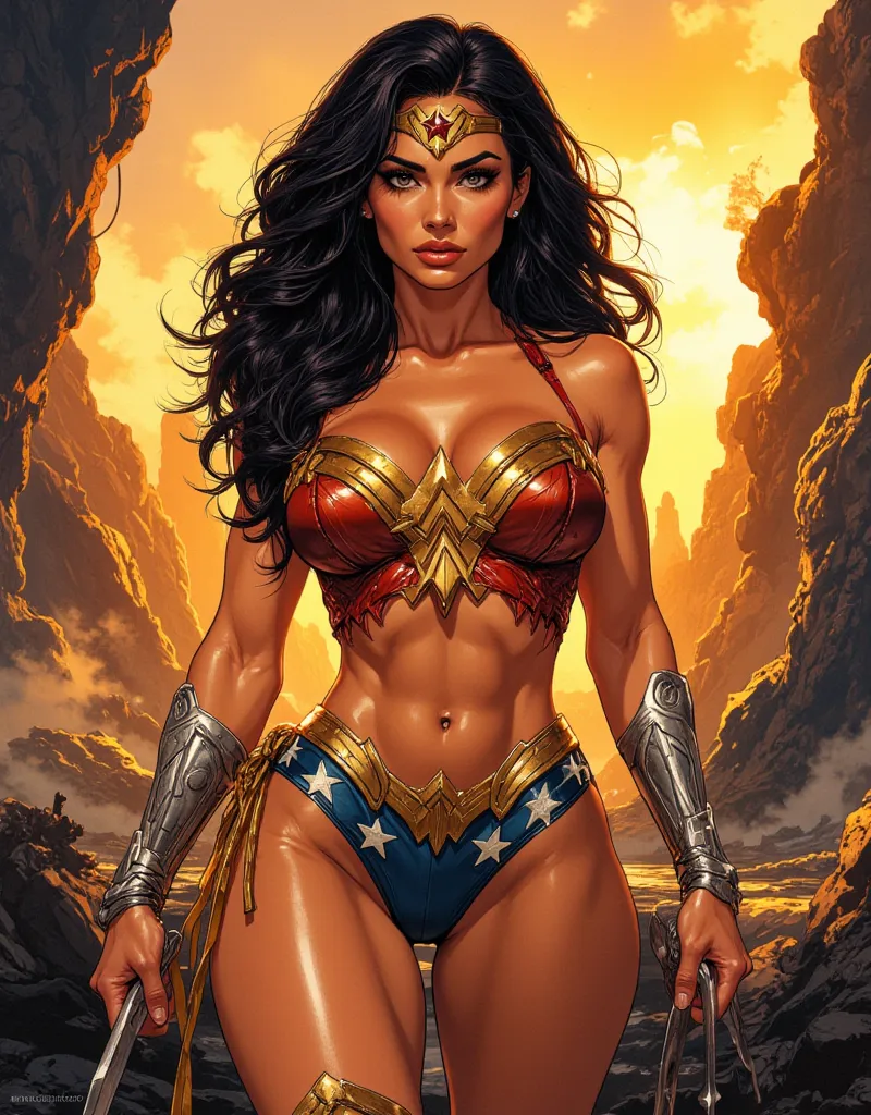 (masterpiece, best quality, extremely detailed, absurdities)1.5, (sexy,  pretty woman, perfect face, Perfect Eyes, perfect female body, huge breasts)1.5, Wonder Woman da DC Comics, far away, (((black hair))), makeup, colored skin, navel, lipstick, wavy hai...