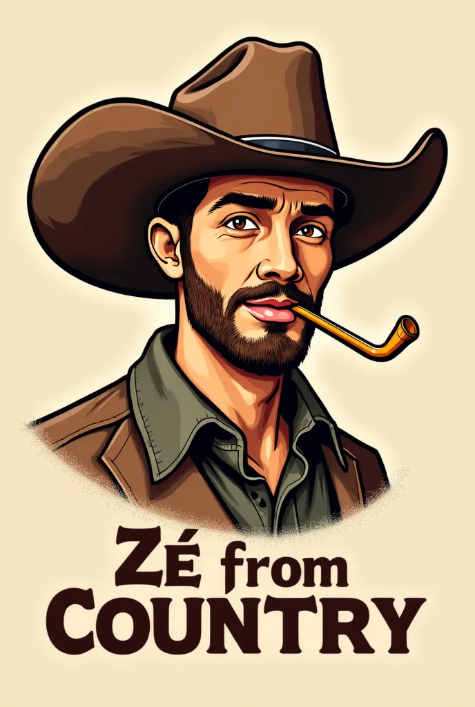 stylized cowboy, wearing a typical hat, with a confident expression and holding a straw in his mouth. The style must be rustic and country, with striking features and details that refer to the sertanejo universe. Below or next to the illustration, include ...