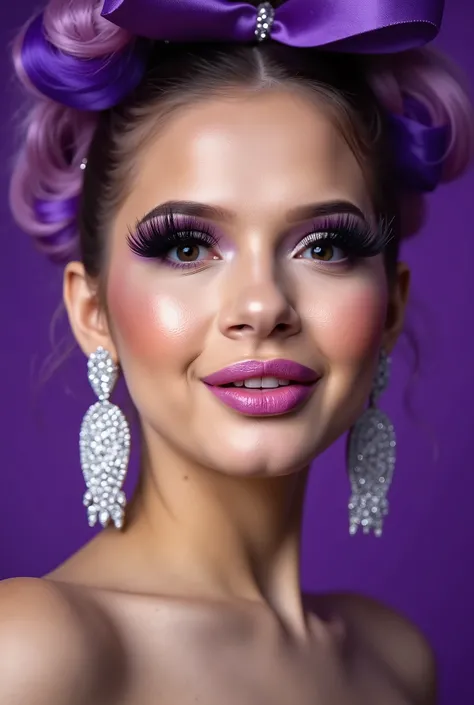 incredibly long and voluminous false eyelashes, bright purple makeup,   bright purple hair ,  diamond earrings  , collar, purple lips, her lips are pursed.,  bow shaped hair  , high face, she smiles