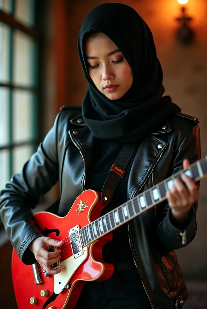 Capture a picture of beautiful Indonesian woman white skin in black hijab and metal jacket playing red electric guitar and facing realistic HD 4D 4K