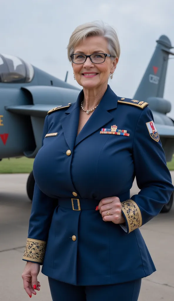  A 90-year-old grey blonde sexy granny with a thick figure, Macromastia breasts, wearing Cadet Blue Soviet Fleet Admirals uniform with bullion embroidery. Huge breasts. Standing in front of airplane MIG-29. Short woman with slim legs. Short hairstyle. Shor...