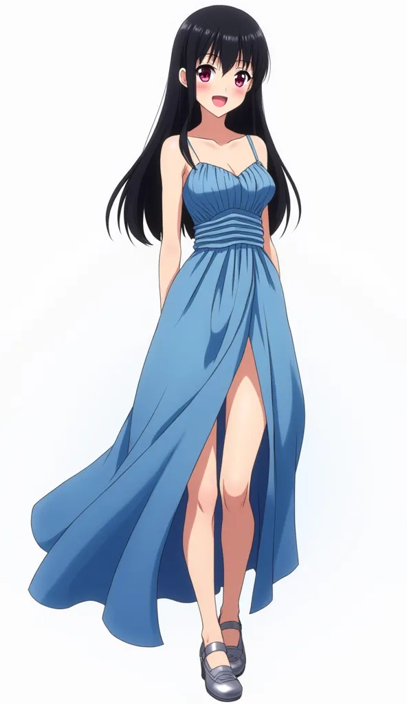 Japanese anime adolescent woman with long straight black hair and intense magenta eyes and wears an elegant blue satin dress with thin straps. The upper part has a corset-like design with pleats in the neckline and structured seams.  The skirt is long and ...