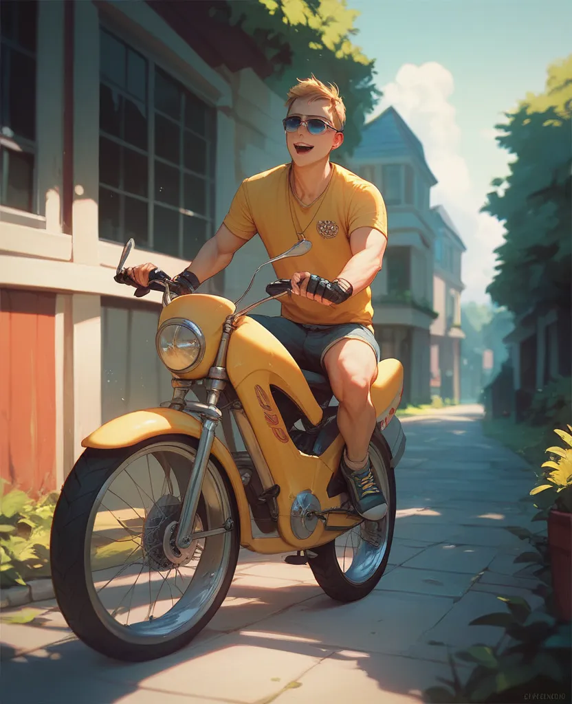  Create an image of a   ( boy) riding a yellow bike, realistically 