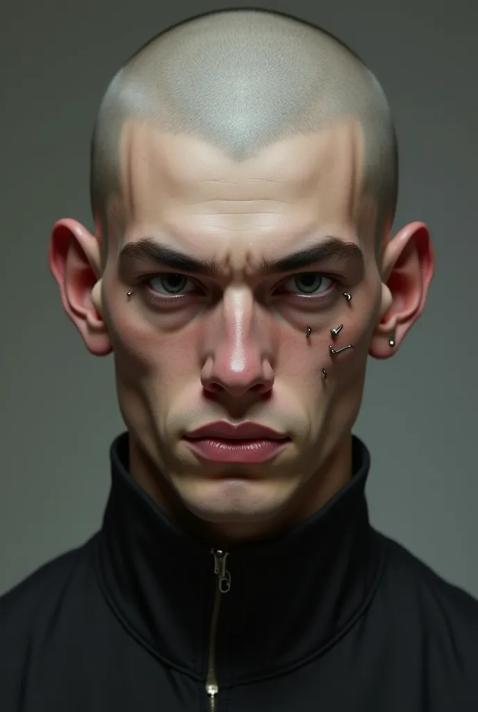 A male human with shaved hair and slim body with sleight black eyes a upturned button nose and thin lips and an extremely sharp jawline with a eyebrow piercing in his left eyebrow in realistic fantasy art style 