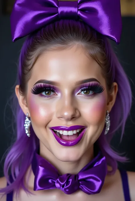 incredibly long and voluminous false eyelashes, bright purple makeup,   bright purple hair ,  diamond earrings  , collar, purple lips, her lips are pursed.,  bow shaped hair  , high face, She laughs