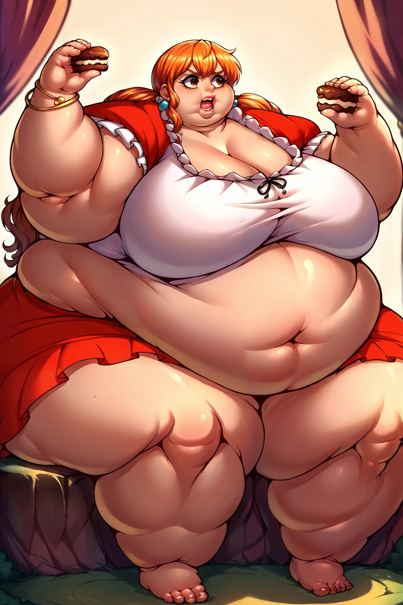 namidef, brown eyes, orange hair, long hair, twintails, jewelry, earrings, short dress, puffy short sleeves, frills, red skirt, bracelet, collarbone, giant hands, giant feet, fat, chubby, obese, gigantic arms and legs, gigantic breasts, sagging breasts, fu...