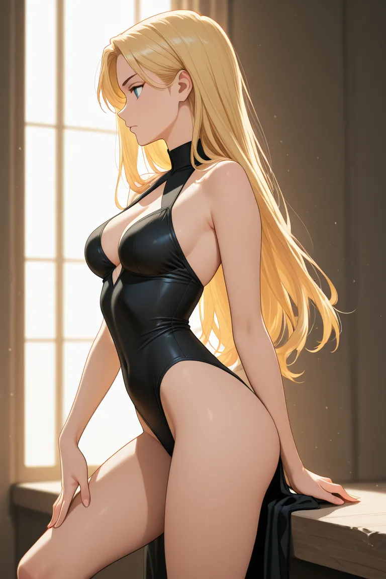 female anime character, slender body , of profile, the left arm is resting on your waist, The right arm is extended, The character is extremely beautiful, detailed, She is wearing very tight and sexy clothes, extremely detailed, high quality, She has long ...