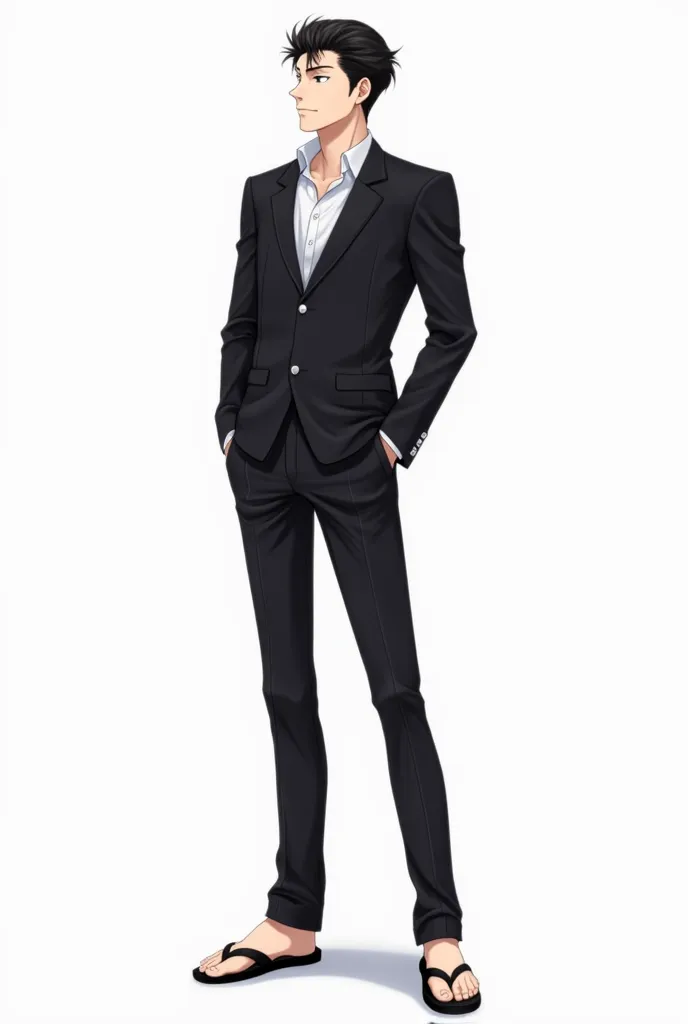 Anime man, anime, black shorts, black flip flop

General posture: He's standing, with a slight inclination of the body to one side, giving a relaxed and confident appearance.

head: It is tilted slightly to one side, with the chin slightly raised, conveyin...