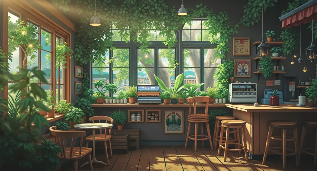 Urban café with terrace,In a spacious space , Studio Ghibli Animation , Warm sunshine , ​masterpiece, blue skies in the far with some fluffy clouds