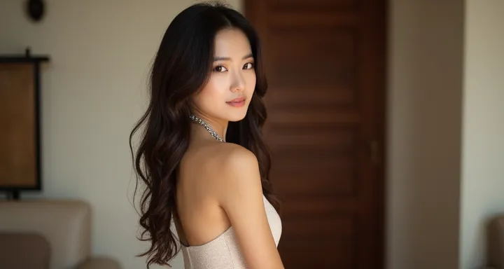 An Asian-looking young woman,  with smooth and delicate skin, slightly slanted eyes and posing seductively and attractively with long wavy hair,   she's on her back, looking over her shoulder with a subtle smile, wearing a tight dress and a shiny necklace....