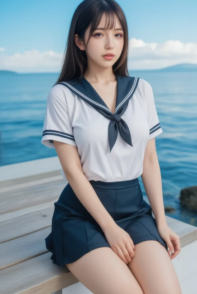 Real Women、More、 oily skin、detailed faces、Double、HIGH SCHOOL GIRLS、long hair、 black hair、An Extraordinary Beauty、beautiful girl、１６talent、１people、school uniform、sailor suit、dark blue skirt、miniskirt、pleated skirt、blue sky、sea、beautiful scenery、best smile、 L...