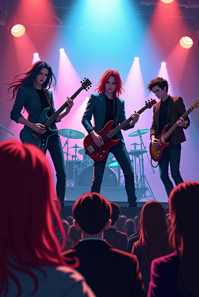 A ROCK BAND (All tall and handsome)(four members) (anime style) (male) (two guitarist) (one bassist) (one drummer). One pf their audience is looking at them (woman) (red haired) (at her back view)