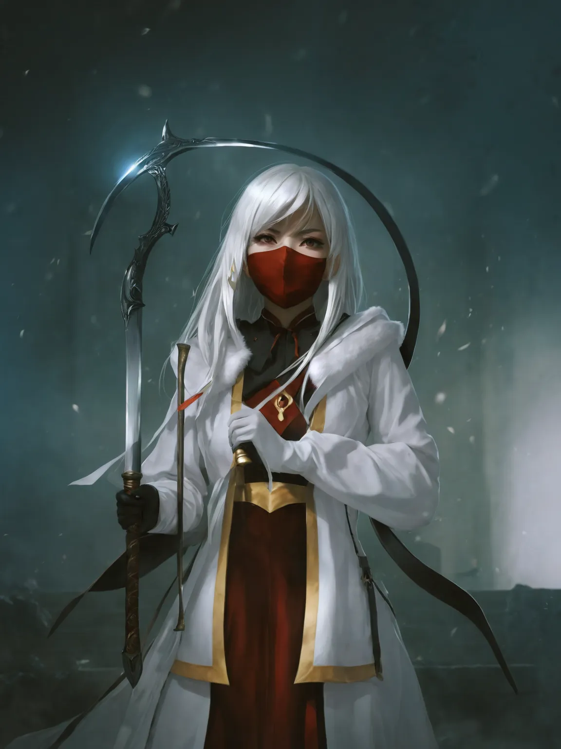 anime girl with a scythe and a sword in a dark room, a character portrait inspired by Li Chevalier, pixiv, fantasy art, white haired deity, portrait of a female mage, she 