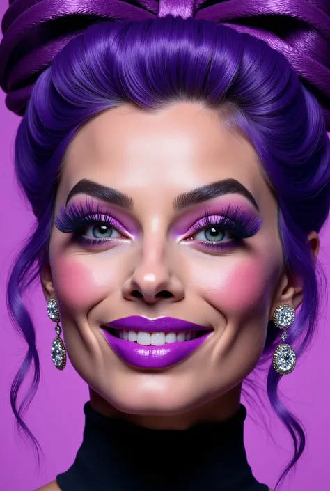 incredibly long and voluminous false eyelashes, bright purple makeup,   bright purple hair ,  diamond earrings  , collar, purple lips, her lips are pursed.,  bow shaped hair  , high face, She laughs