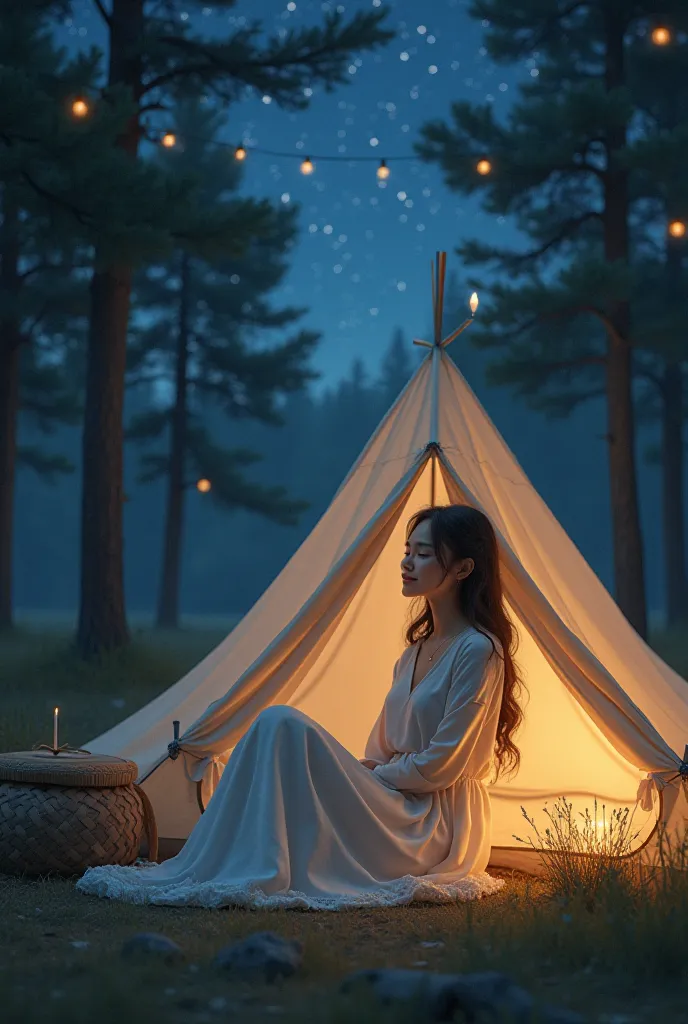 A delicate woman smiling in a dress camping in a tent, with a soft light inside,  surrounded by trees and starry sky .
 realistic drawing style  