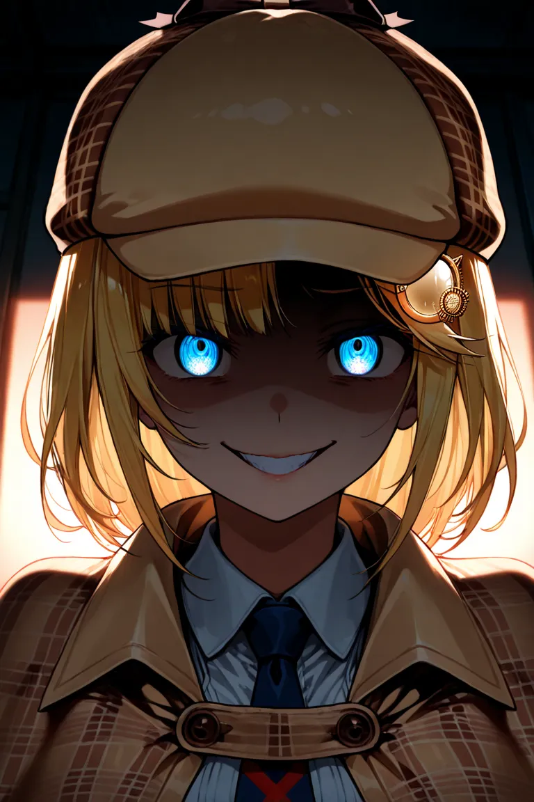 1girl, (amelia_watson), yandere, evil grin, dark, dramatic lighting