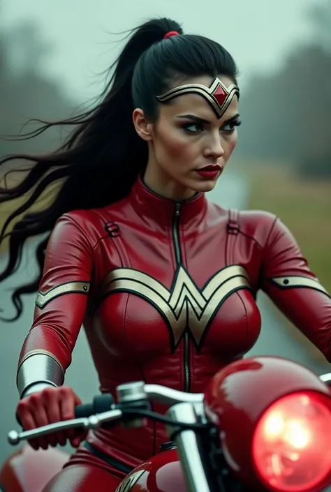 (((In extreme close-up, a beautiful woman riding a high-powered futuristic motorcycle (((Wonder Woman scale jumpsuit full body suit))),(((Red corset Wonder Woman black hair tied in a ponytail in braid (((hair six feet long blowing in the wind))) Silver met...